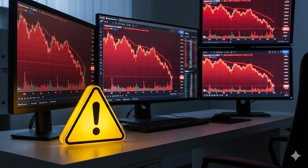 붉은색 암호화폐 하락 차트가 띄워진 모니터와 경고 표지판