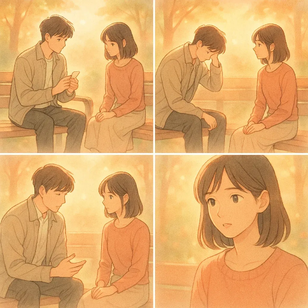 감정적으로 중요한 대화를 나누는 커플의 벤치 대화 장면. 이해와 공감, 용서의 분위기를 담은 따뜻한 일러스트