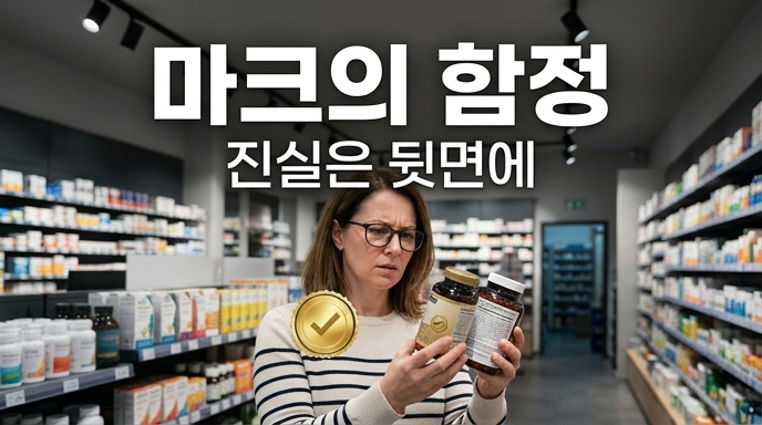 약국에서 중년 여성이 약통을 2개 들고 어떤걸 골라야할지 몰라 망설이고 있는 모습을 시각적으로 표현함.