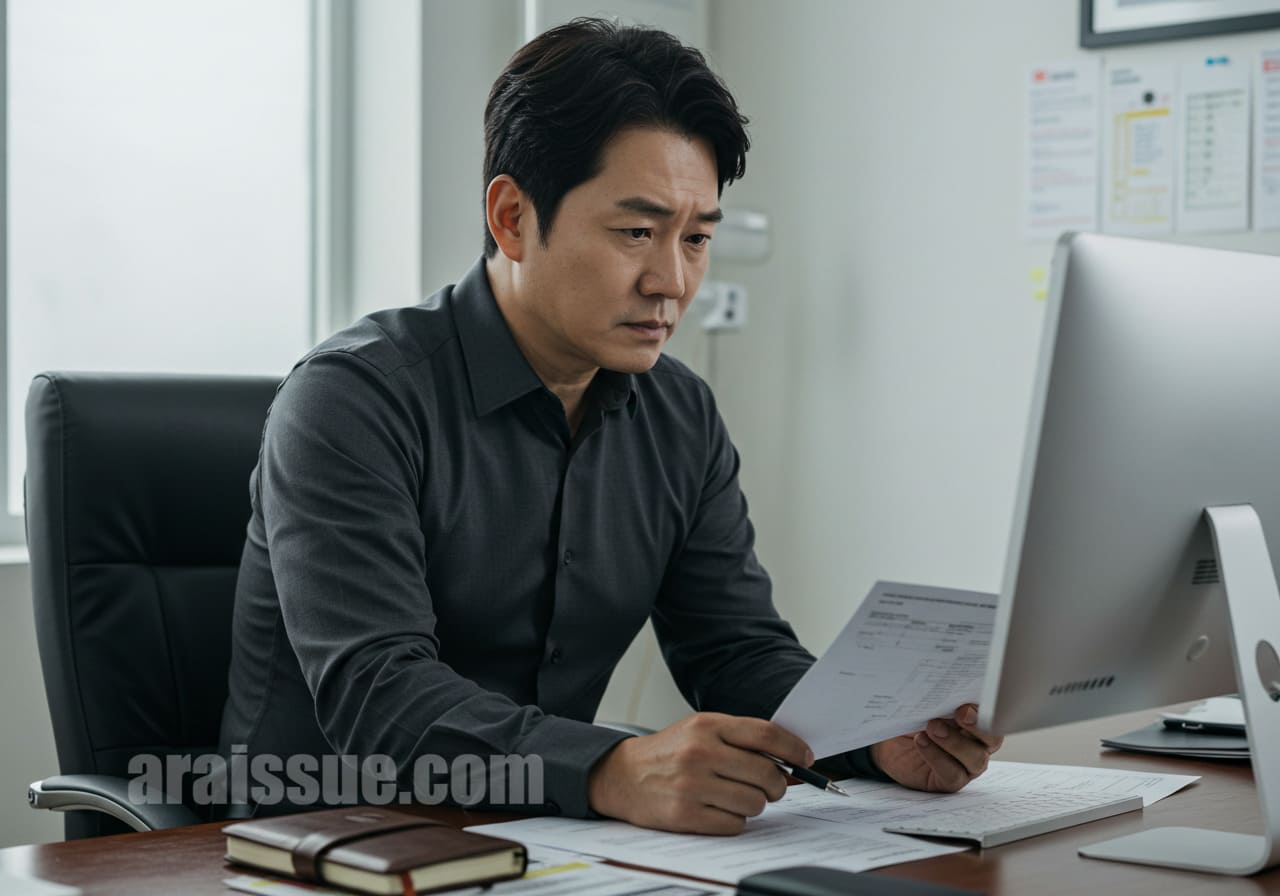 보험 가입 전 약관을 검토하는 중년 남성