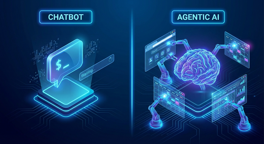 2026년 AI 트렌드, 단순 챗봇에서 자율적으로 업무를 수행하는 에이전틱 AI로의 진화 과정을 표현한 인포그래픽