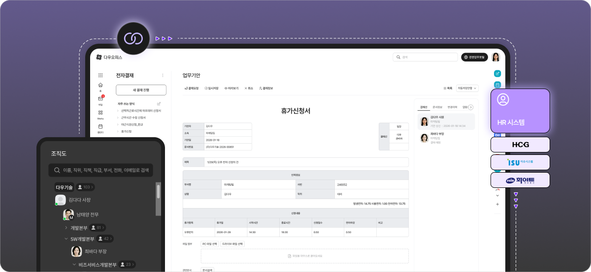 다우오피스HR 인사관리 화면 예시로, 직원 정보 입력 및 관리 항목이 표 형태로 정리되어 있고 좌측에는 메뉴 패널, 우측에는 기능 안내 말풍선이 표시된 관리자 화면