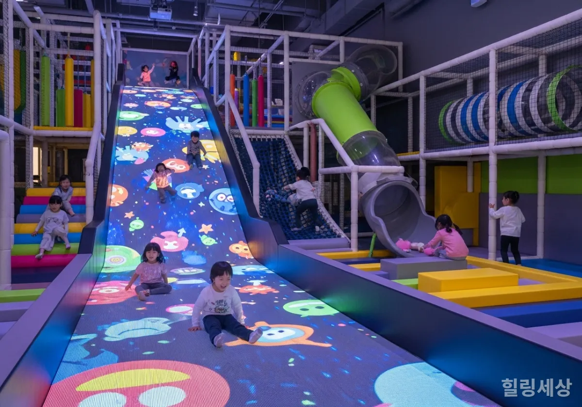 과천 원더파크 실내 놀이터에서 미디어 아트 미끄럼틀을 타며 신나게 노는 아이들
