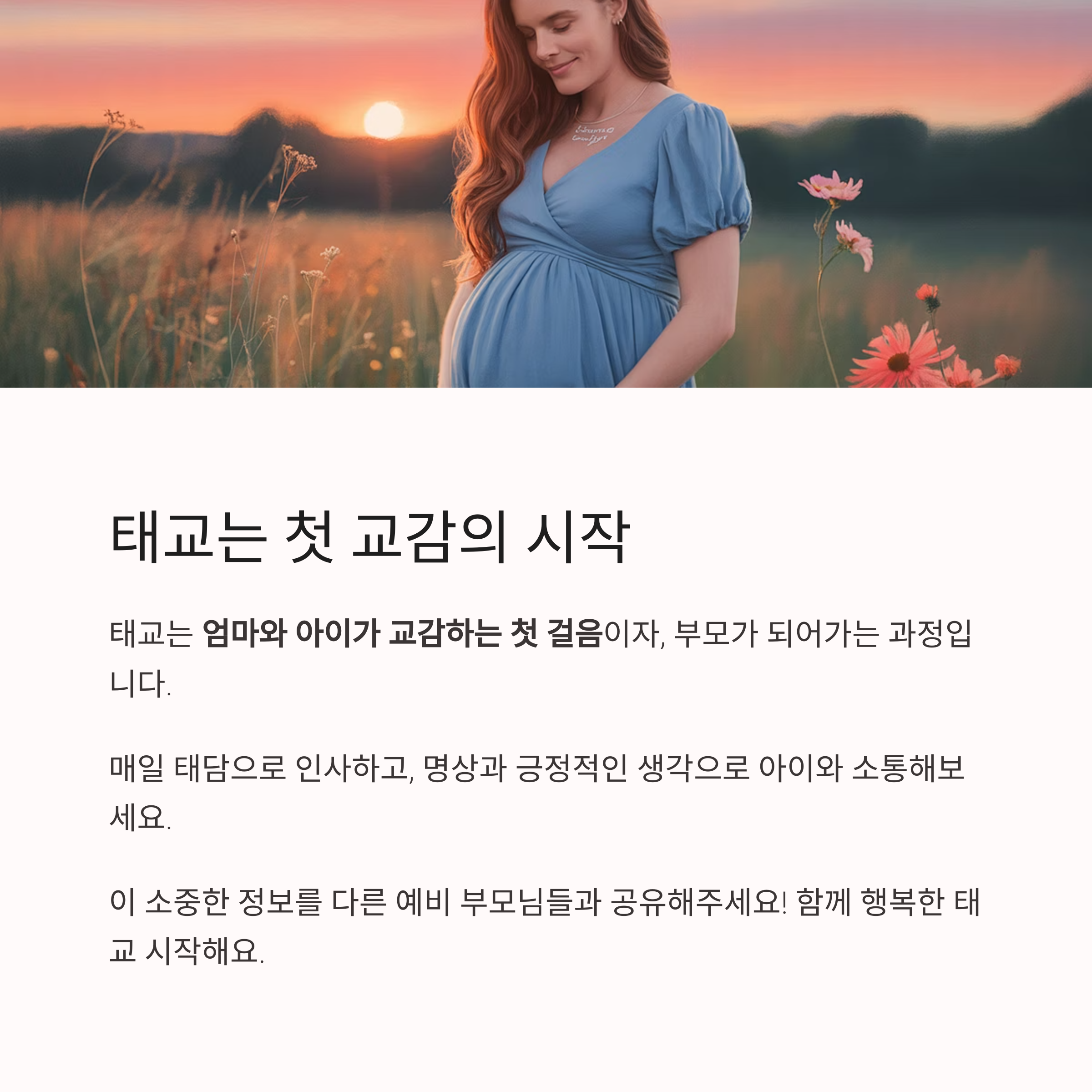 들판에서 해질녘 배를 감싸고 있는 임산부 이미지와 함께 태교가 교감의 시작이라는 메시지를 전하는 이미지