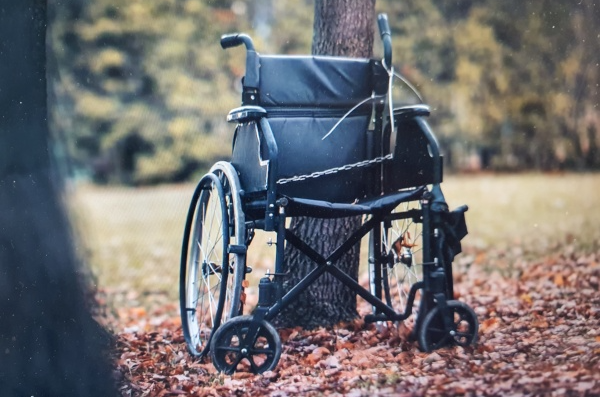 숲속-나무에-세워진-휠체어