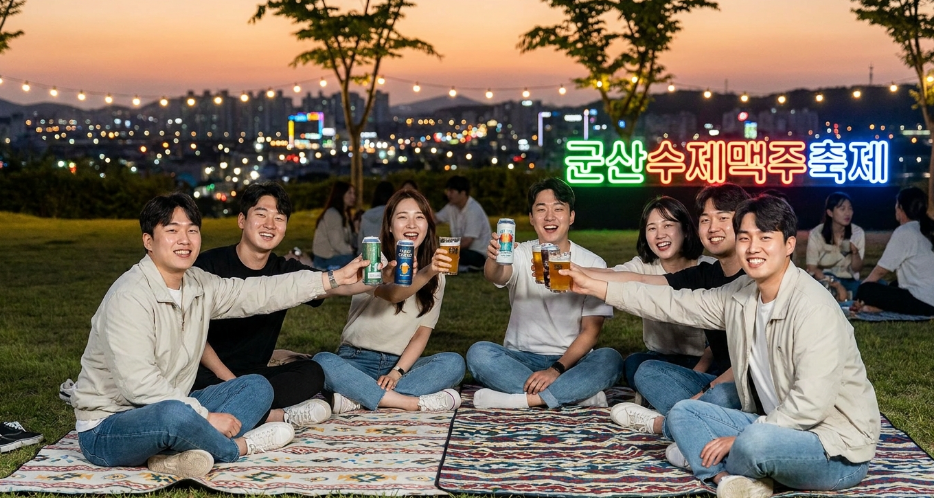 군산 야경을 배경으로 환하게 웃으며 건배하는 사람들의 모습