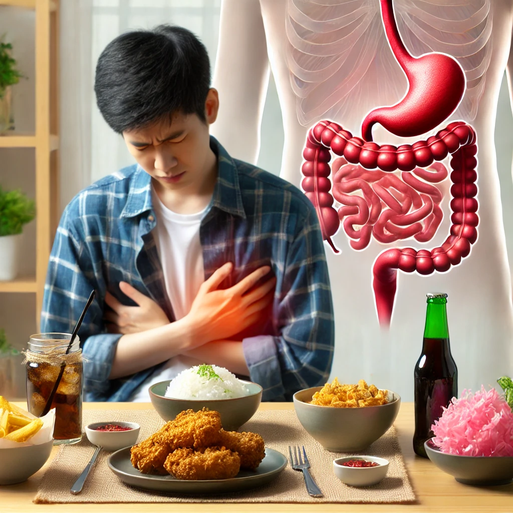 소화가 안되는 음식 앞에서 불편해 하는 남자의 모습