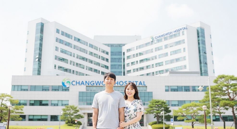 창원 병원 앞에서 서 있는 커플