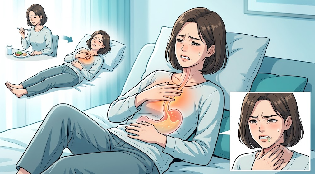 누운 자세에서 심해지는 역류감, 가슴쓰림, 신물 증상과 위식도 구조를 보여주는 메디컬 일러스트