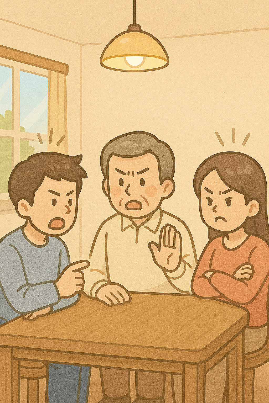 식탁에 둘러앉은 가족이 정치 대화로 감정이 격해진 장면 – 정치적 갈등과 심리적 거리감을 표현한 일러스트