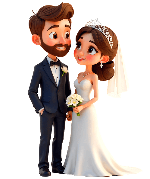 결혼하는 신랑 신부가 서로 웃으면서 바라본다. 여자는 하얀 웨딩드레스를 입었고 남자는 정장을 입었다.