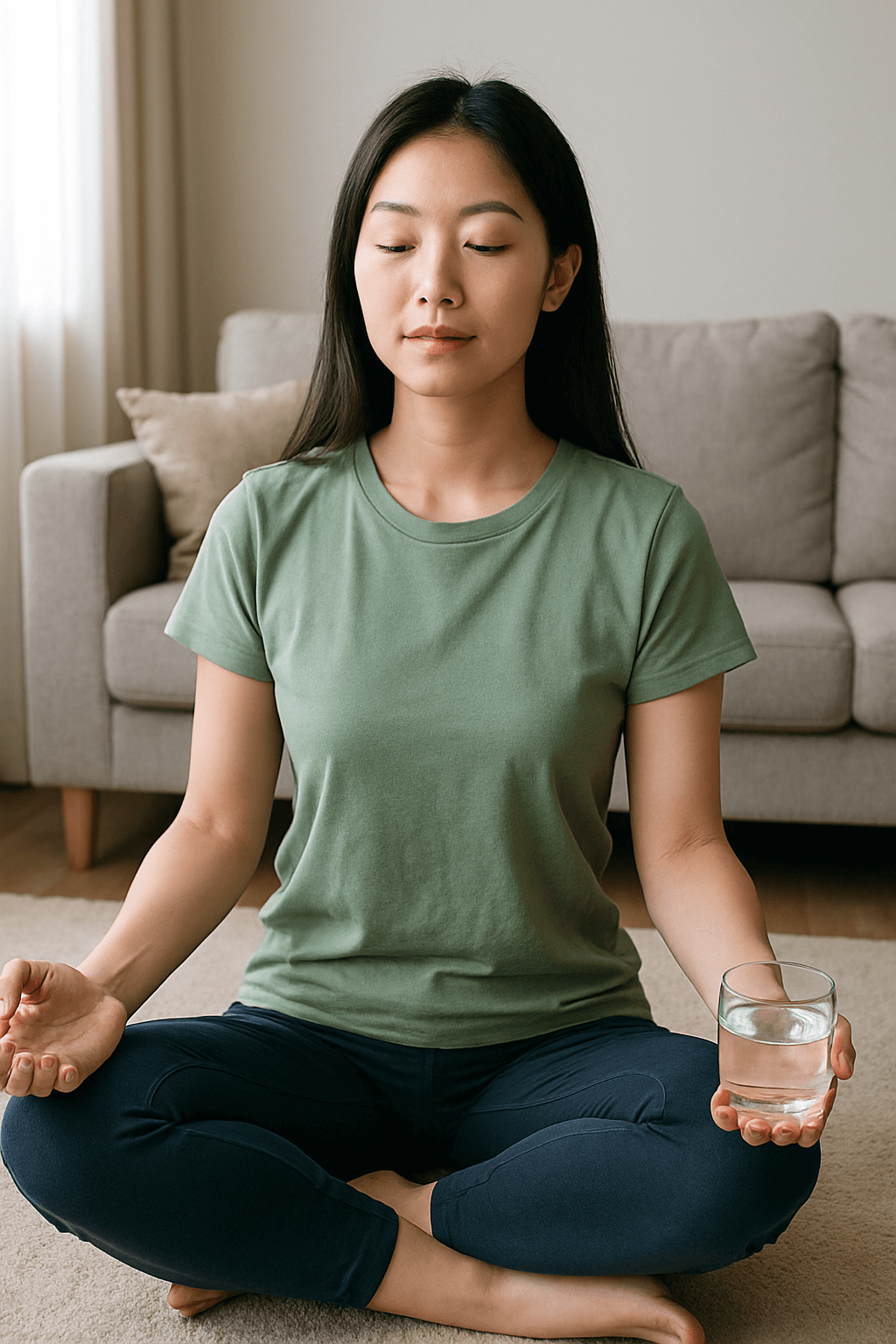 초록색 티셔츠를 입은 여성이 거실에서 물을 들고 명상 자세를 취하는 모습
