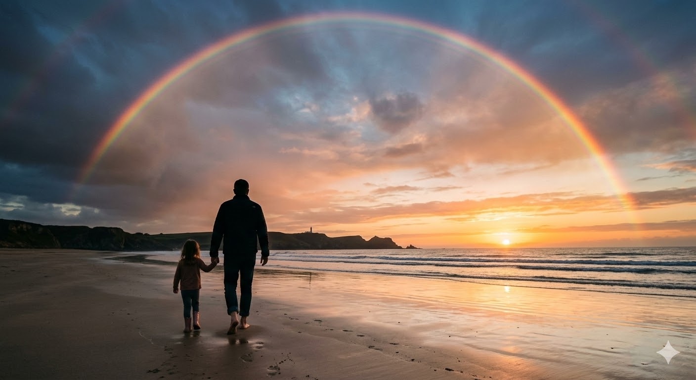 폭풍우 후 무지개 뜬 해변을 아이와 함께 걷는 아빠의 실루엣