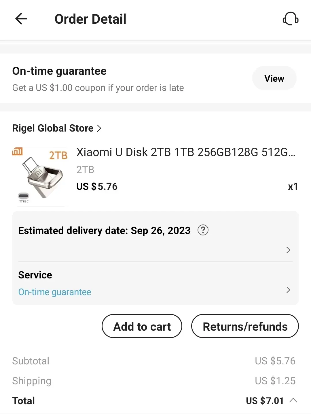 샤오미 USB 디스크 2T를 주문한 가격이 보이는 이미지입니다.