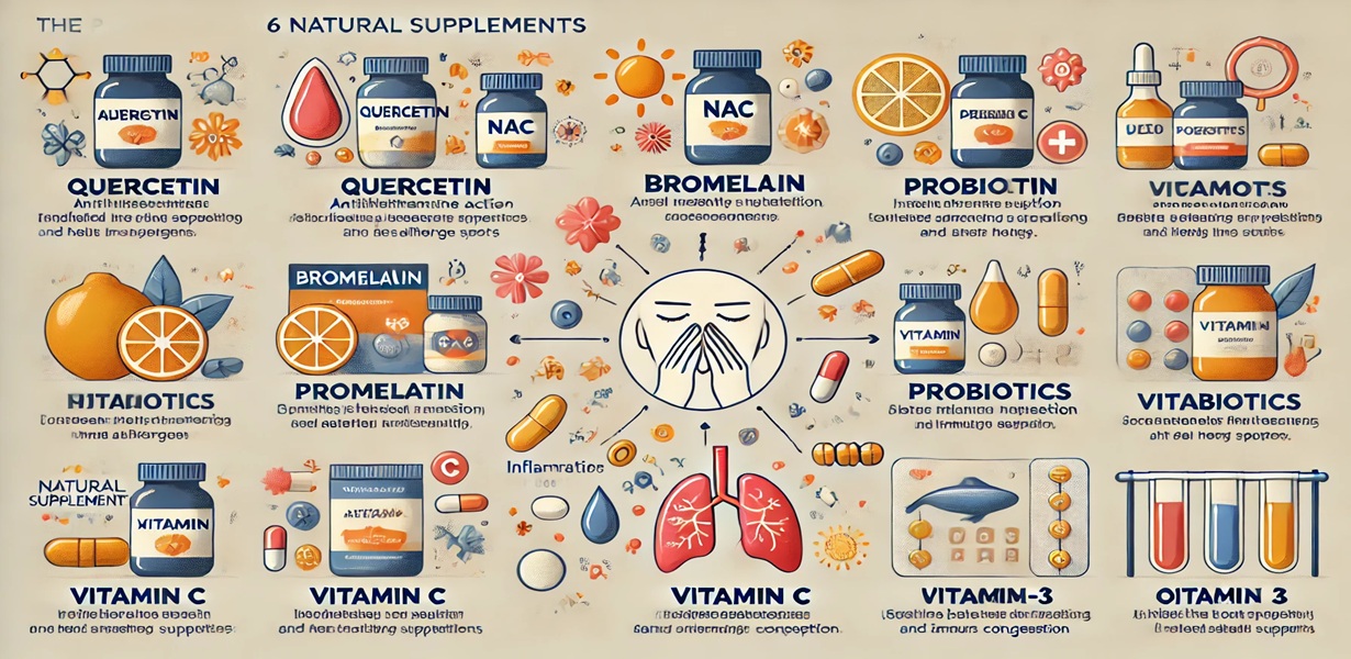 알레르기 증상 완화에 효과적인 6가지 성분: 퀘르세틴, NAC, 브로멜라인, 프로바이오틱스, 비타민C, 오메가3