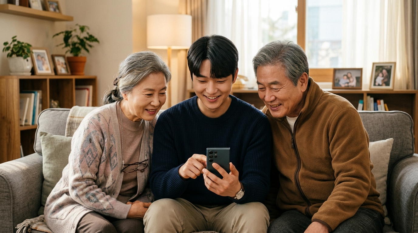 거실 소파에서 젊은 자녀가 고령의 부모님 스마트폰을 함께 바라보며 본인 명의의 카드를 온누리 앱에 등록하도록 직접 도우며 설명하는 모습