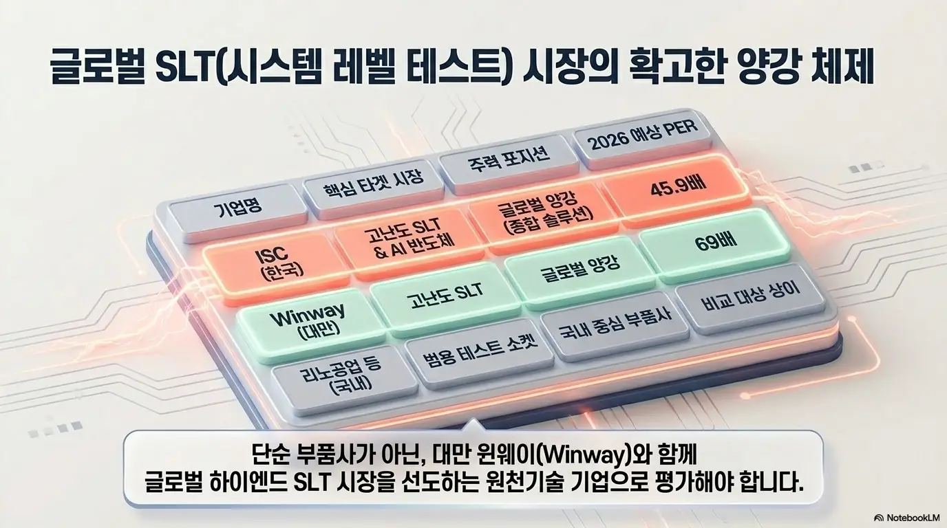ISC 주가 전망: 글로벌 시스템 레벨 테스트 시장에서 ISC와 대만 윈웨이의 양강 체제를 비교한 표 인포그래픽. ISC 2026년 예상 PER 45.9배&amp;#44; 윈웨이 69배&amp;#44; 국내 동종업체 리노공업 등과의 포지션 차이를 시각적으로 전달함. 