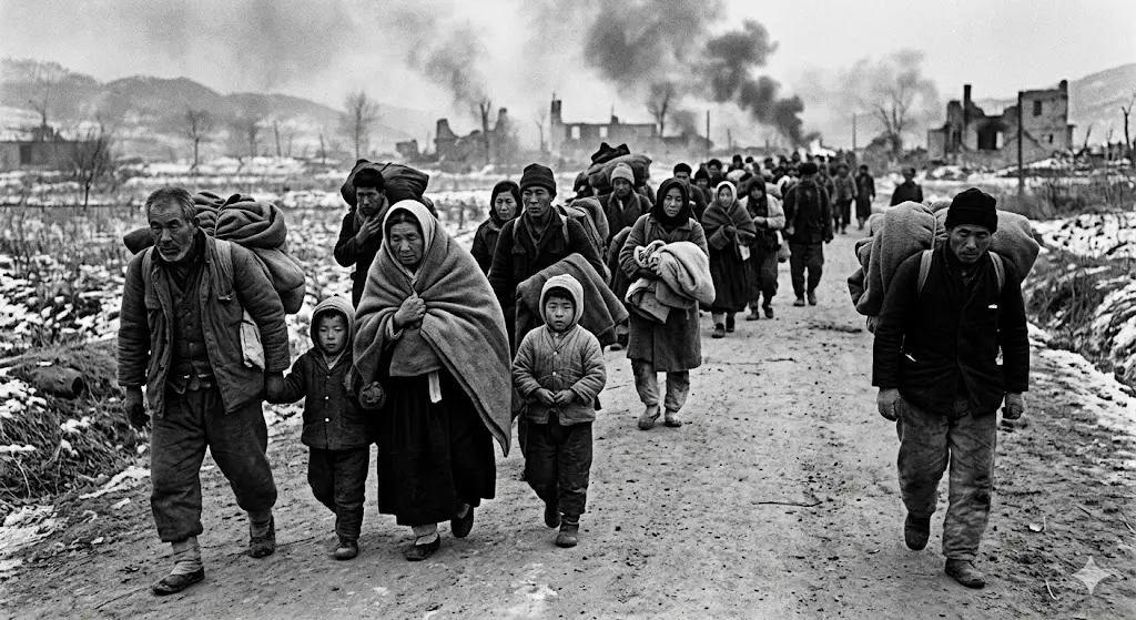 한국전쟁 당시 두꺼운 솜옷을 입고 보따리를 머리에 인 채 피난길을 떠나는 가족의 흑백 사진