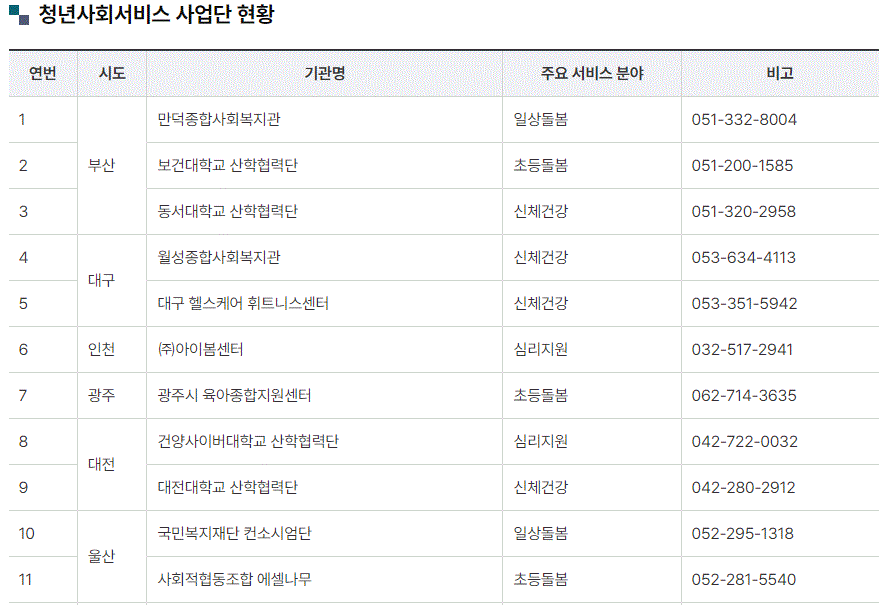 청년사회서비스 사업단 현황입니다.