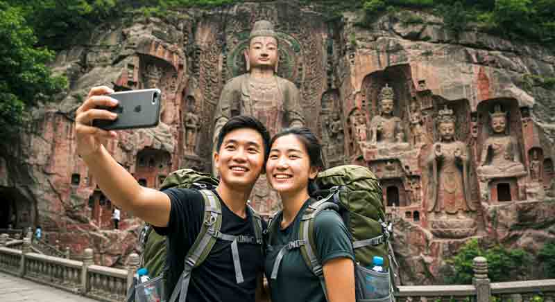 중국 충칭의 유명 관광지에서 인증샷을 찍고 있는 커플