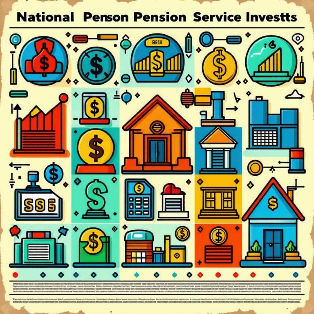 연금 투자: 국민연금이 투자하는 다양한 자산군을 나타내는 이미지. 주식, 채권, 부동산 아이콘이 포함된 그래픽.