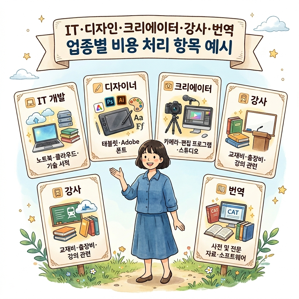 프리랜서 업종별 경비처리 실전 예시 IT 디자인 크리에이터 강사 인포그래픽