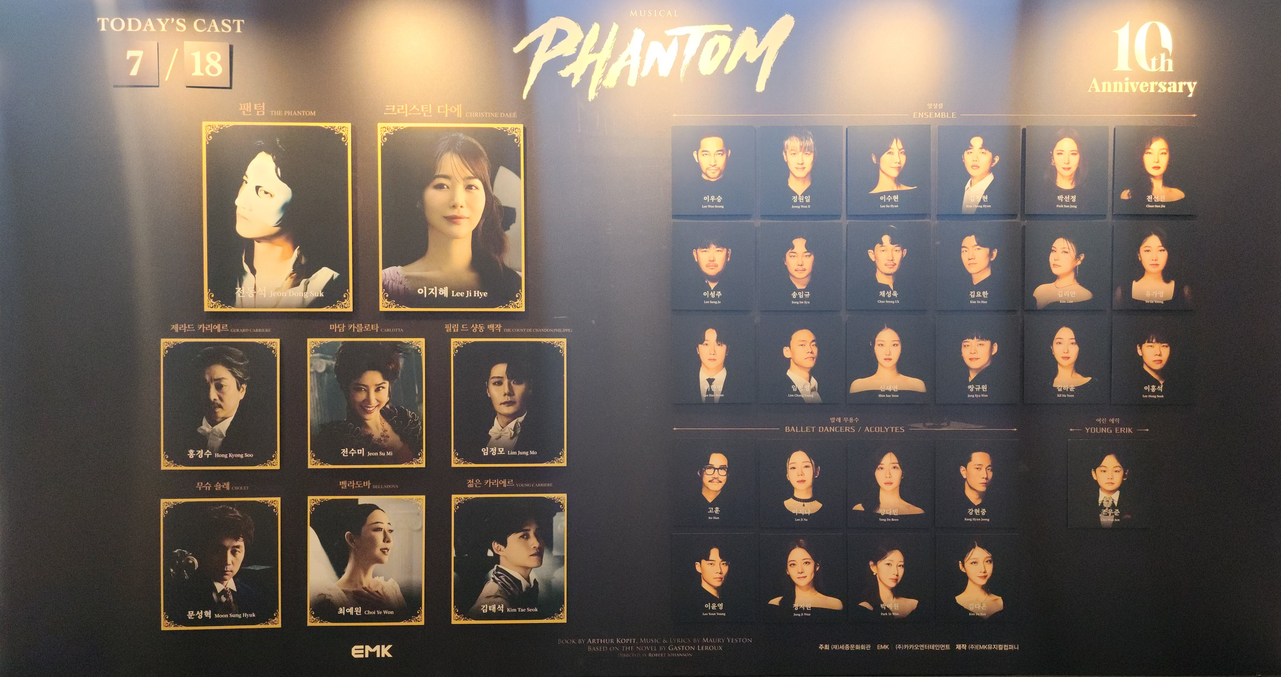 2025년 7월 18일 뮤지컬 팬텀 전체 캐스팅 보드
팬텀 역 - 전동석
크리스틴 다에 역 - 이지혜
제라드 까리에르 역 - 홍경수
마담 카를로타 역 - 전수미
필립 드 샹동 백작 역 - 임정모
무슈 숄레 역 - 문성혁
벨라도바 역 - 최예원
젊은 카리에르 역 - 김태석
어린 에릭 역 - 조우준
앙상블 - 이우승, 정원일, 이수현, 김창현, 박선정, 전선진, 이성주, 송임규, 채성욱, 김요한, 김리안, 유가영, 이한범, 임창영, 신새연, 장규원, 길하윤, 이홍석
발레 무용수- 고훈, 이지나, 양다빈, 강현중, 이윤영, 정지원, 박예원, 김다은