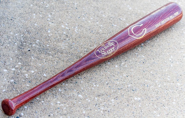 야외 시멘트 바닥 위에 놓인 갈색의 루이스빌 슬러거(Louisville Slugger) 나무 야구 배트 상세 사진. 나무 결이 선명하며 금색 로고가 돋보임.