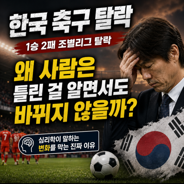 2026 북중미 월드컵 조별리그 탈락 후 고개를 숙인 축구 감독과 경기장을 배경으로, '왜 사람은 틀렸다는 걸 알면서도 바뀌지 않을까?'라는 문구를 통해 확증편향과 집단사고 등 심리학적 원인을 다룬 블로그 썸네일.