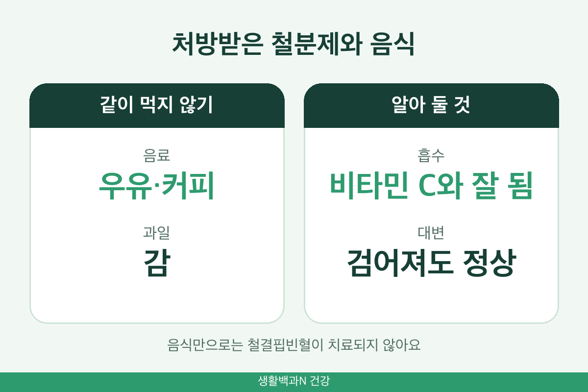 빈혈 철분제 복용 주의 우유 커피 감 비타민C 검은 변 음식으로 치료 안 됨