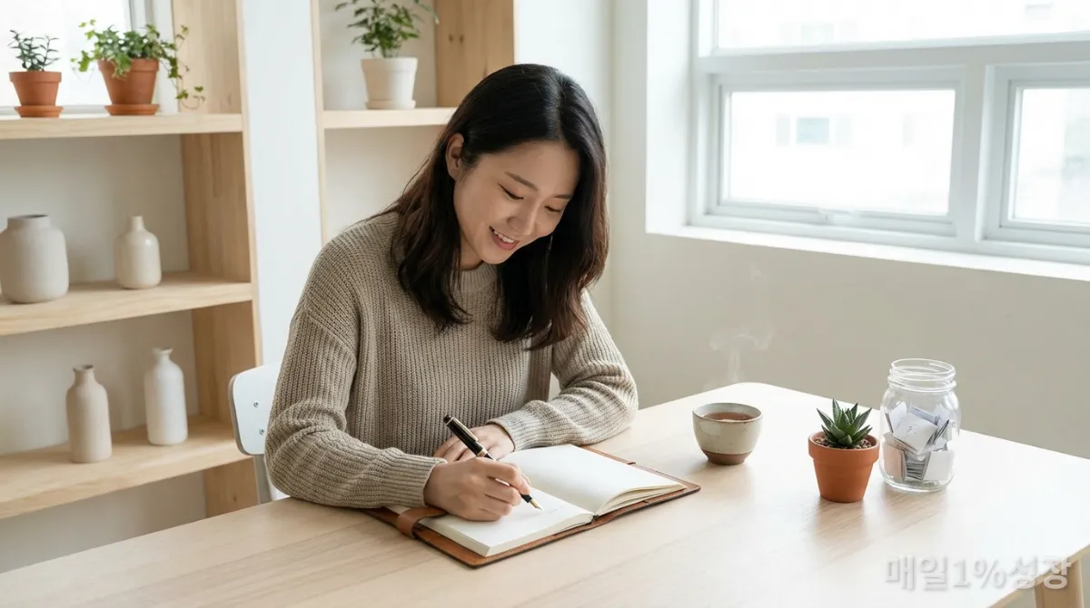 일기를 쓰며 자신의 강점을 기록하는 한국 여성의 모습