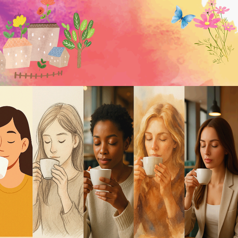 커피를 마시는 여성을 다양한 스타일로 표현한 이미지. 일러스트, 드로잉, 수채화, 실사 사진까지 4가지 방식으로 묘사된 모습.