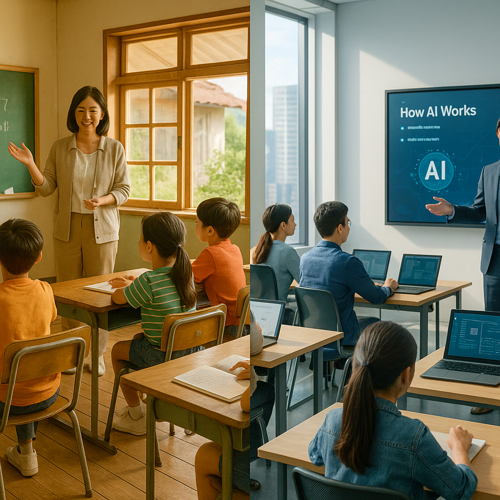 도시와 농촌 교실의 수업 환경 차이를 보여주는 장면 – 공교육 개편과 지역 교육 격차 해소를 상징