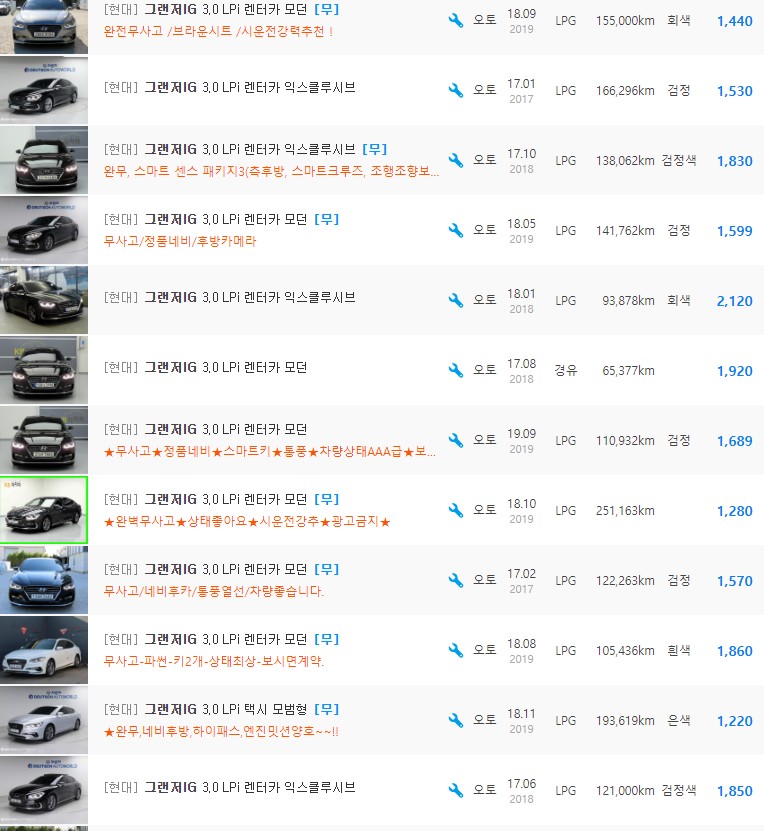 그랜저IG 3.0 LPI 등급 중고차 시세
