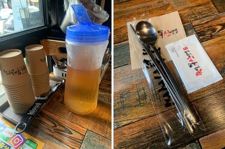 컵, 물, 가스레인지, 병따게, 미니화로, 물티슈, 티슈, 식기류