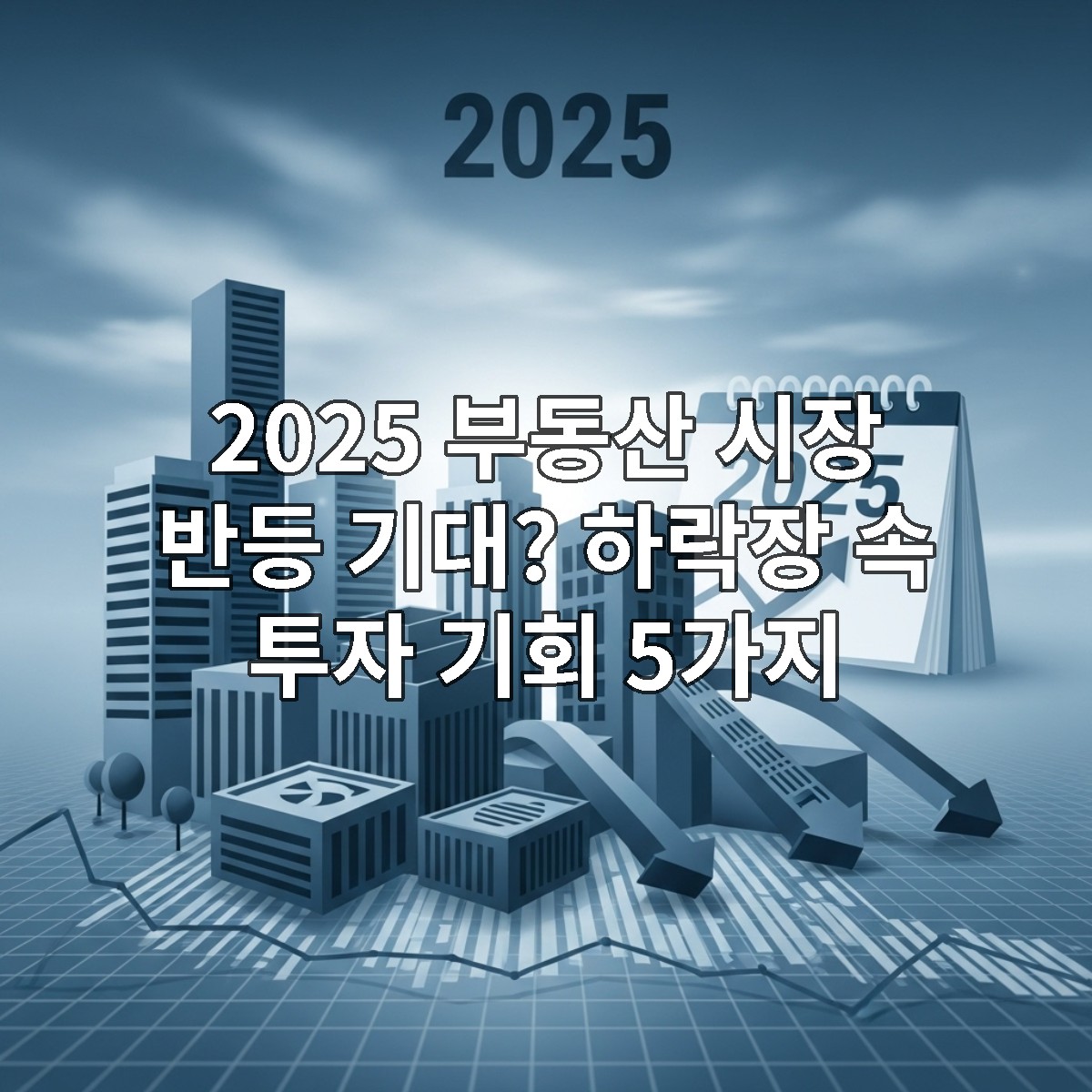 2025년 부동산 시장의 복잡한 흐름과 상승 및 하락의 기회를 나타내는 현대적인 일러스트. 다양한 건축물과 그래프가 불확실성 속의 투자 기회를 상징하며, 미래 지향적인 블루-그레이 톤으로 표현됨.