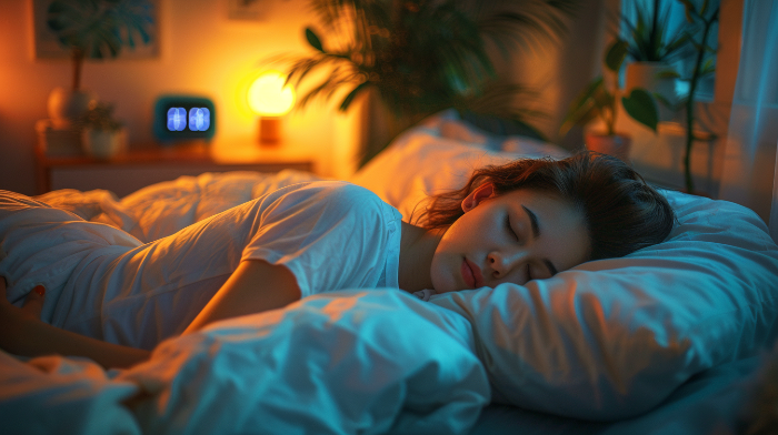 조용한 밤, 포근한 침대에서 숙면 중인 평온한 분위기의 침실