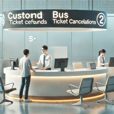 고속버스 터미널의 고객 서비스 데스크. 직원이 승객을 돕고 있으며, 환불 및 티켓 취소 안내 표지판이 보이는 모습.
