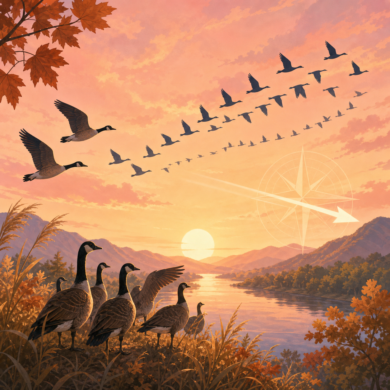 A flock of birds preparing to migrate south in autumn
