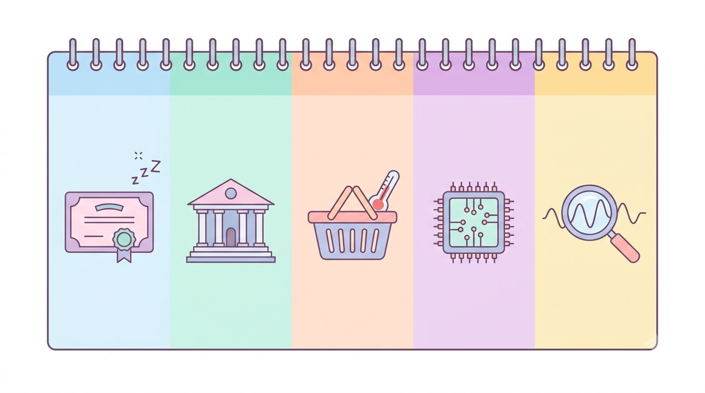 월요일부터 금요일까지 다섯 칸으로 나뉜 달력에 은행 건물, 장바구니, 반도체 칩, 돋보기 아이콘이 하나씩 붙어 있는 그림