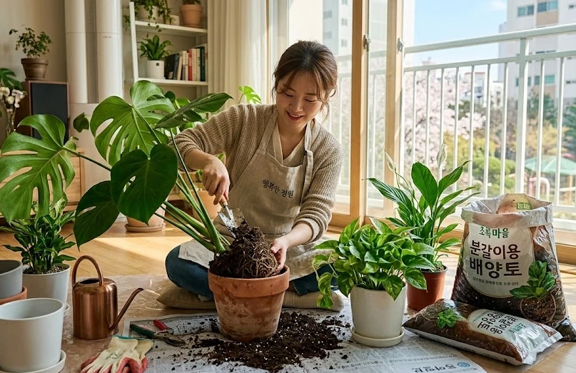 봄 분갈이 중인 다양한 식물들, 새 흙과 화분이 준비된 장면