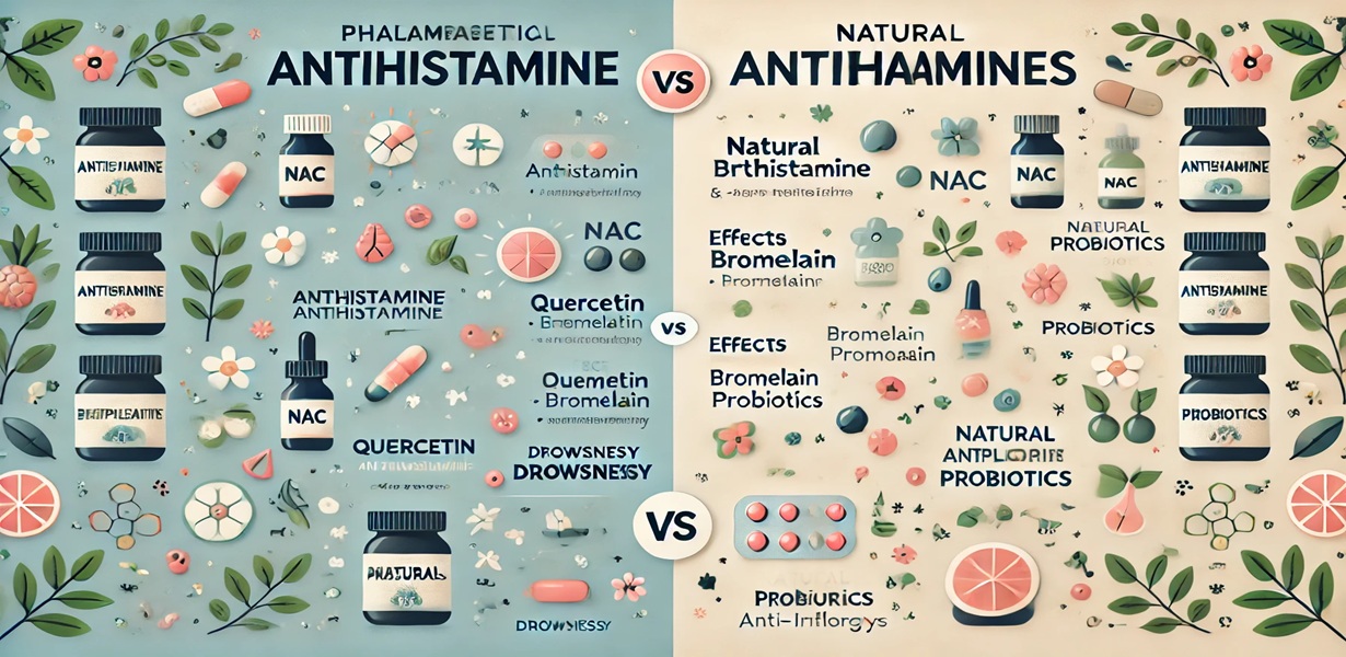 연령대와 알레르기 증상에 따라 퀘르세틴, NAC, 브로멜라인, 프로바이오틱스 복용을 조합한 인포그래픽