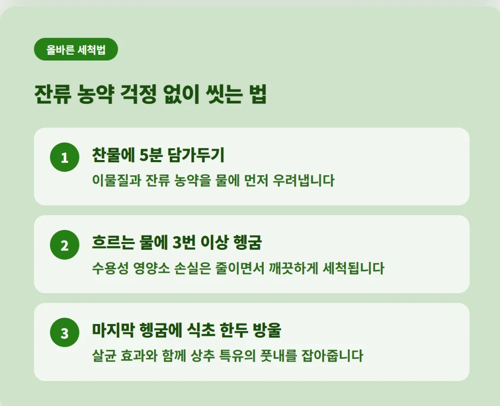 "찬물에 5분 담가두기, 흐르는 물에 3번 헹굼, 마지막에 식초 한두 방울을 활용한 상추 잔류 농약 세척법"