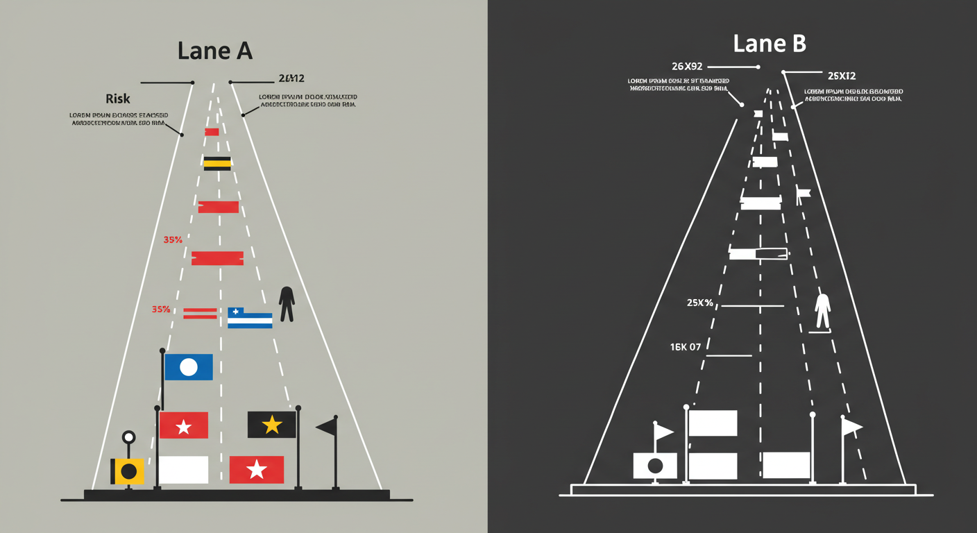 두 갈래 트랙이 서로 다른 깃발로 향하는 상징 이미지: A는 즉시 반응&middot;리스크 관리 깃발, B는 단순 규모 깃발