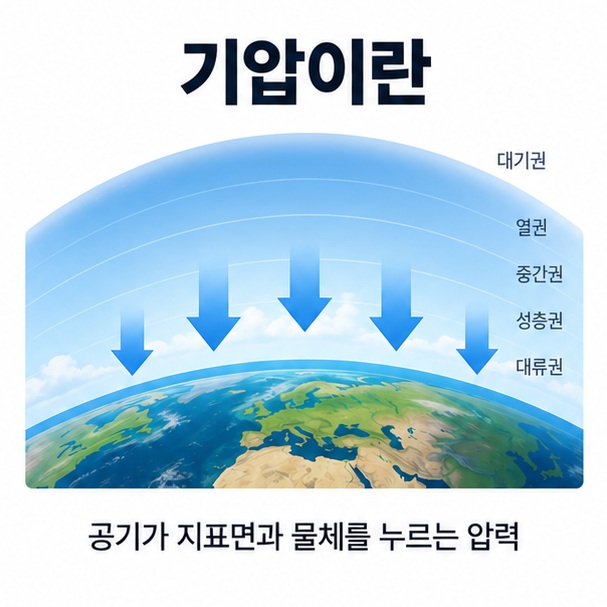 지구 대기층과 아래쪽을 누르는 공기 화살표를 배경으로 기압이란이라는 글자가 중앙에 놓인 과학 인포그래픽