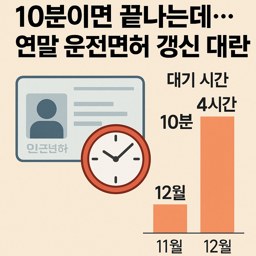 “연말 운전면허 갱신 대란과 장시간 대기를 경고하는 안내 그래픽”
