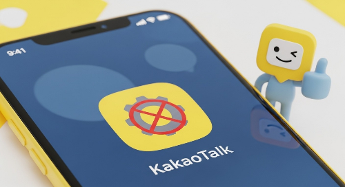 카카오톡 업데이트를 끄는 설정 화면과 엄지손가락을 치켜든 카카오톡 캐릭터