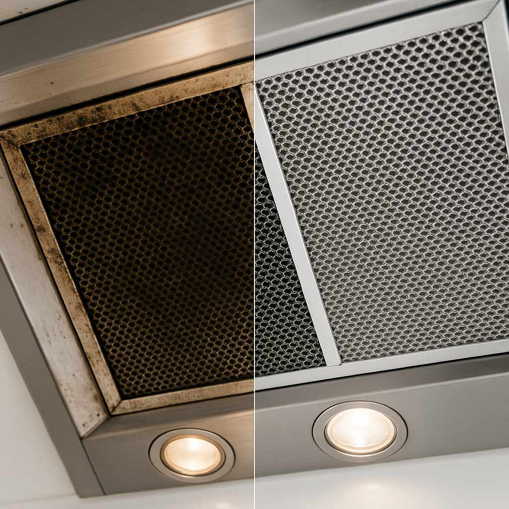 주방 후드 필터의 청소 전후 비교 이미지. 왼쪽은 기름때로 오염된 필터, 오른쪽은 반짝이는 깨끗한 상태의 필터