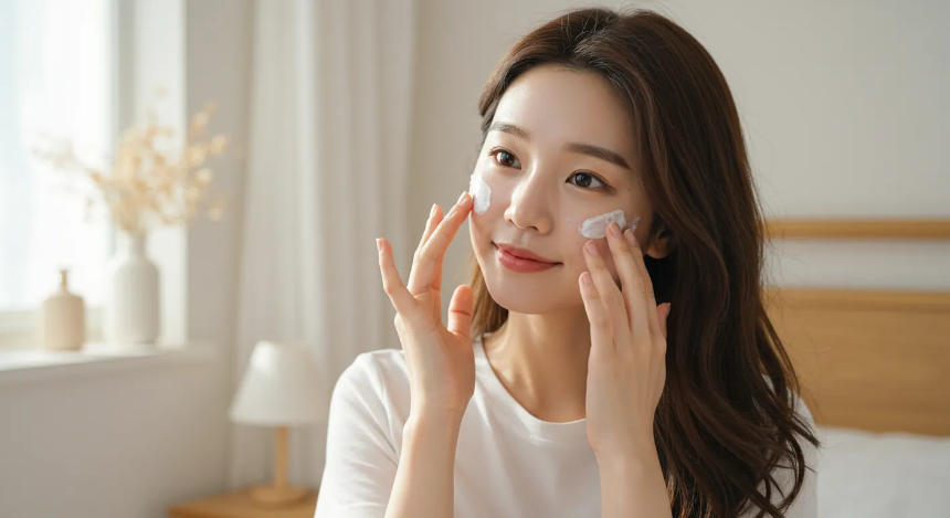 방안에서 선크림을 바르고 있는 여성 이미지