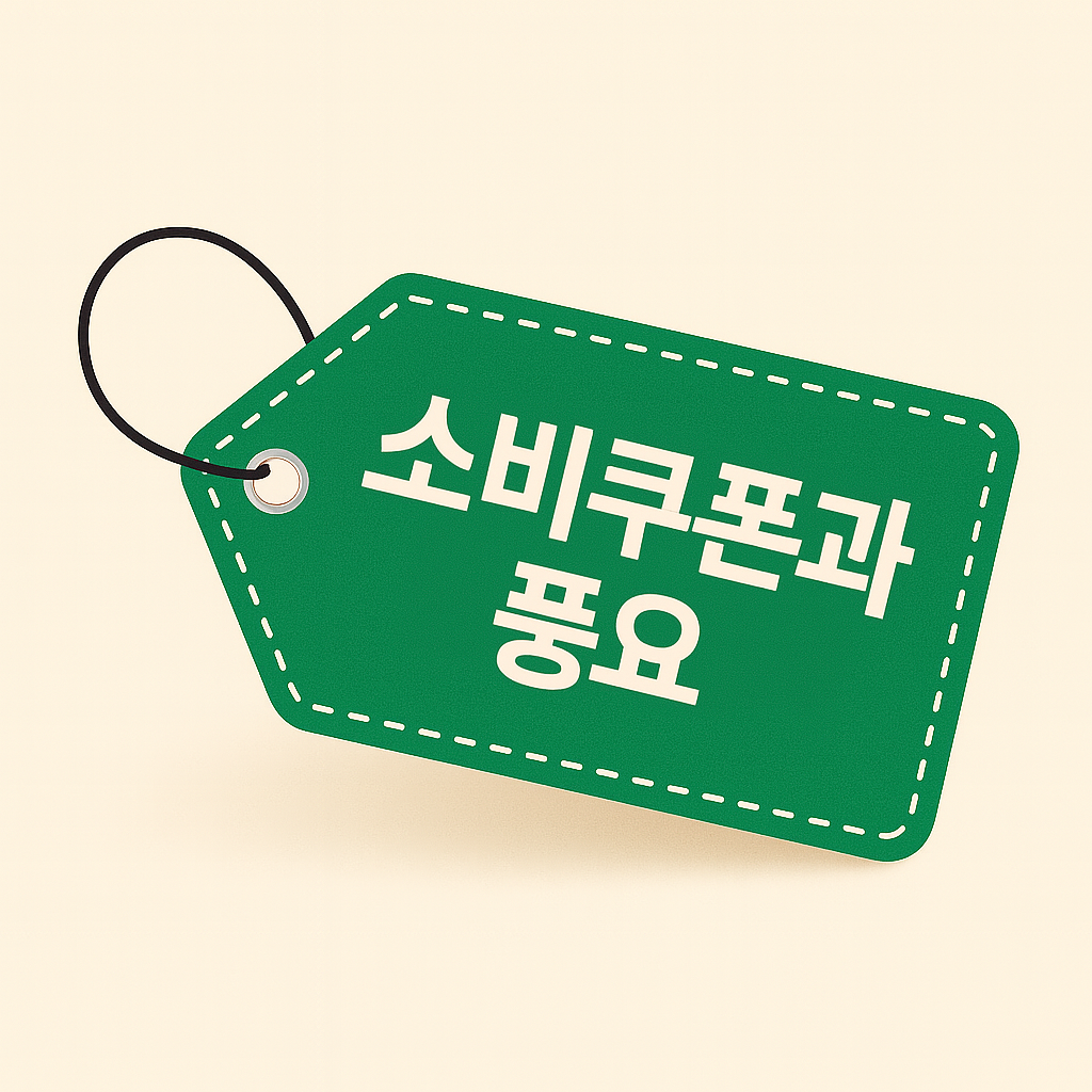 초록색 태그에 적힌 &quot;소비쿠폰과 풍요&quot; 문구 – 소비와 허용, 풍요 심리를 간결하게 표현한 이미지